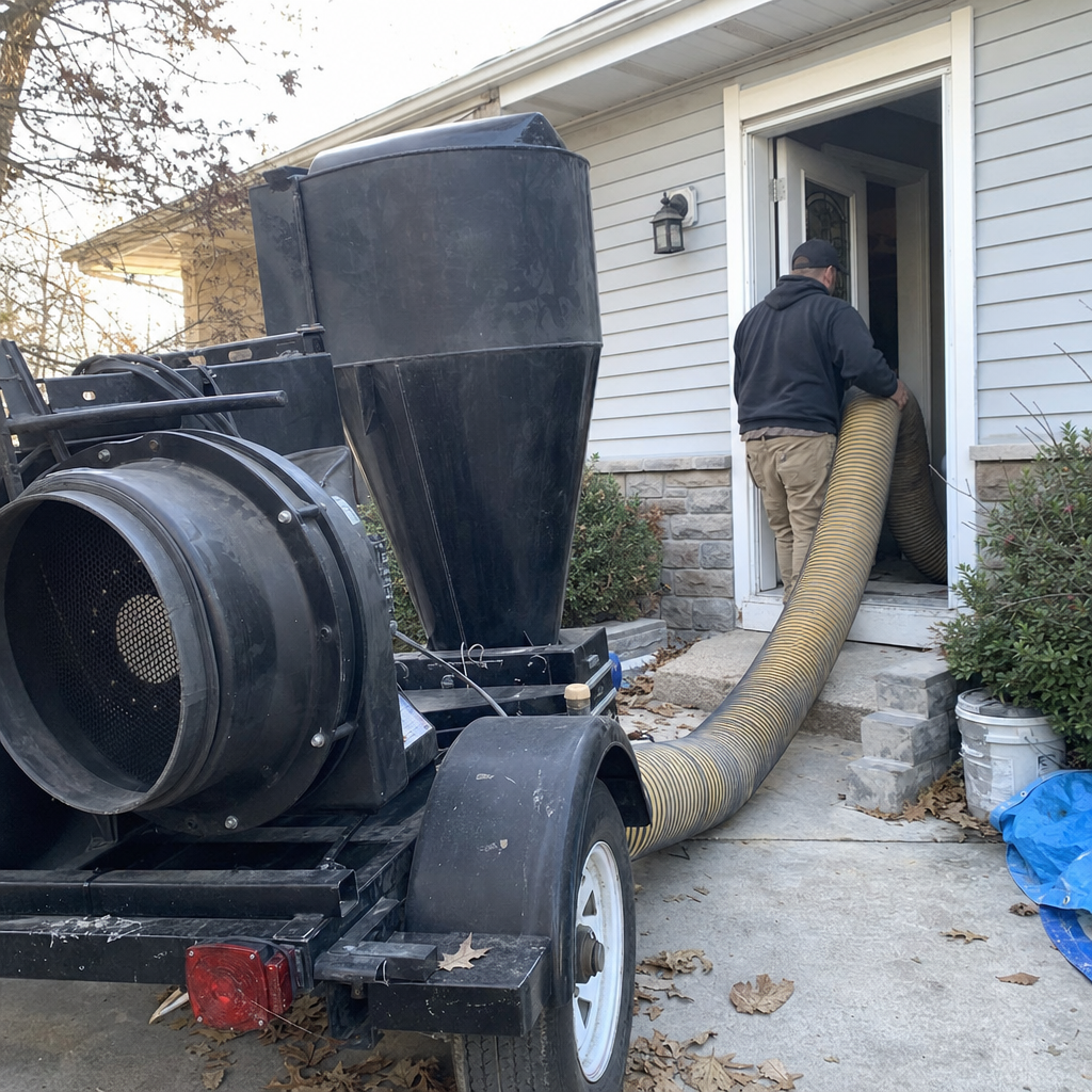 Technician performing professional residential air duct cleaning service with industrial vacuum equipment