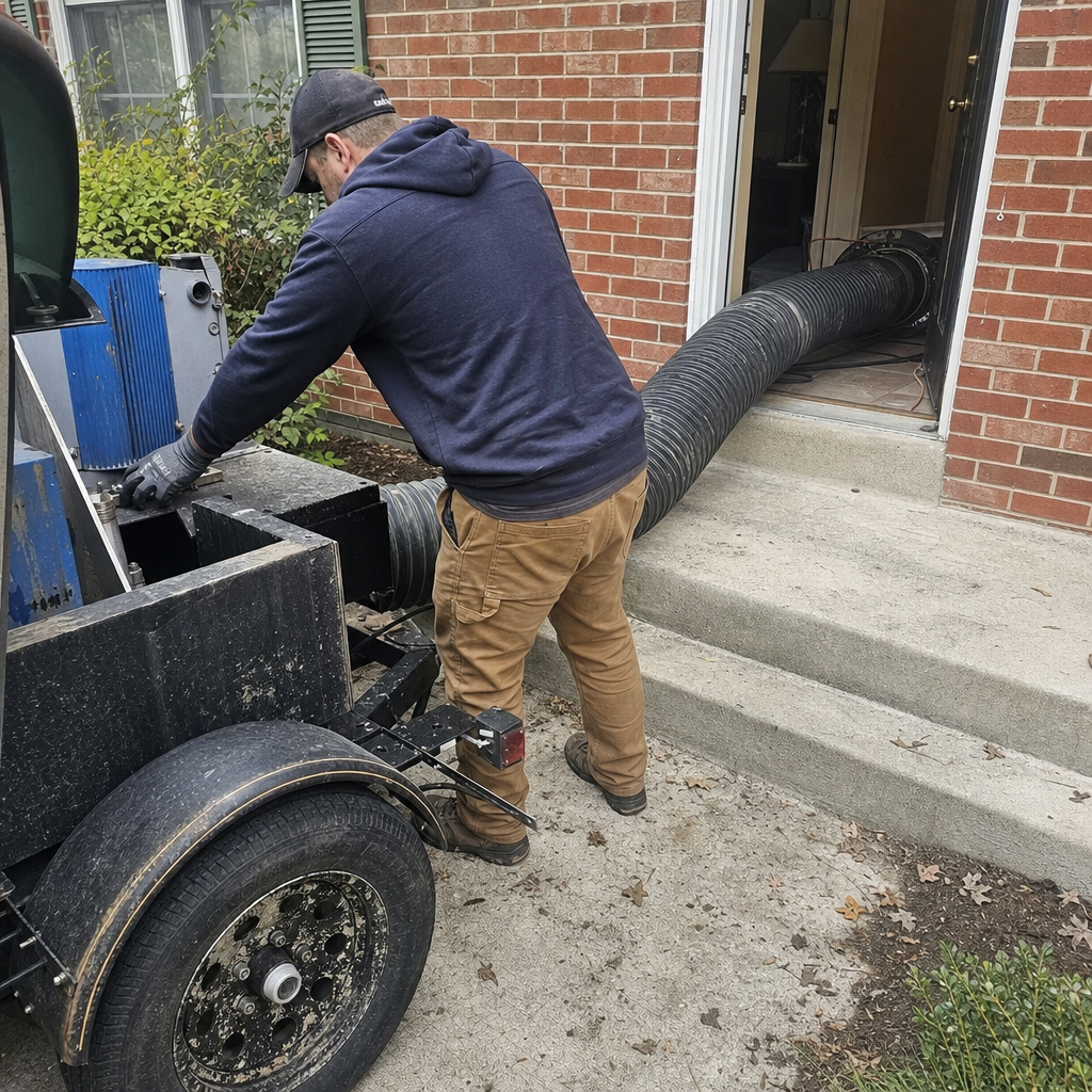 Technician performing professional air duct cleaning service with trailer mounted vacuum system