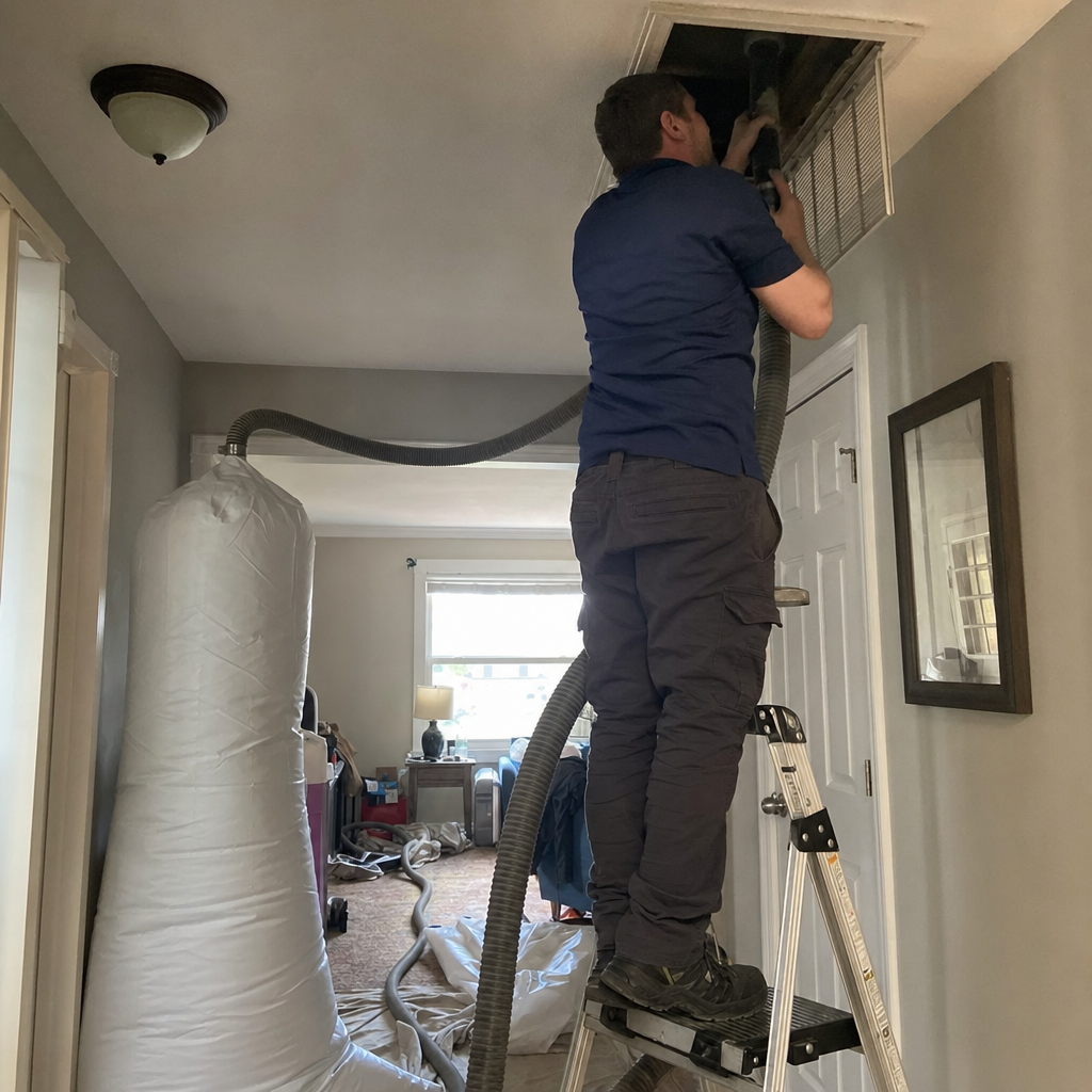 Technician using professional vacuum equipment for residential air duct cleaning