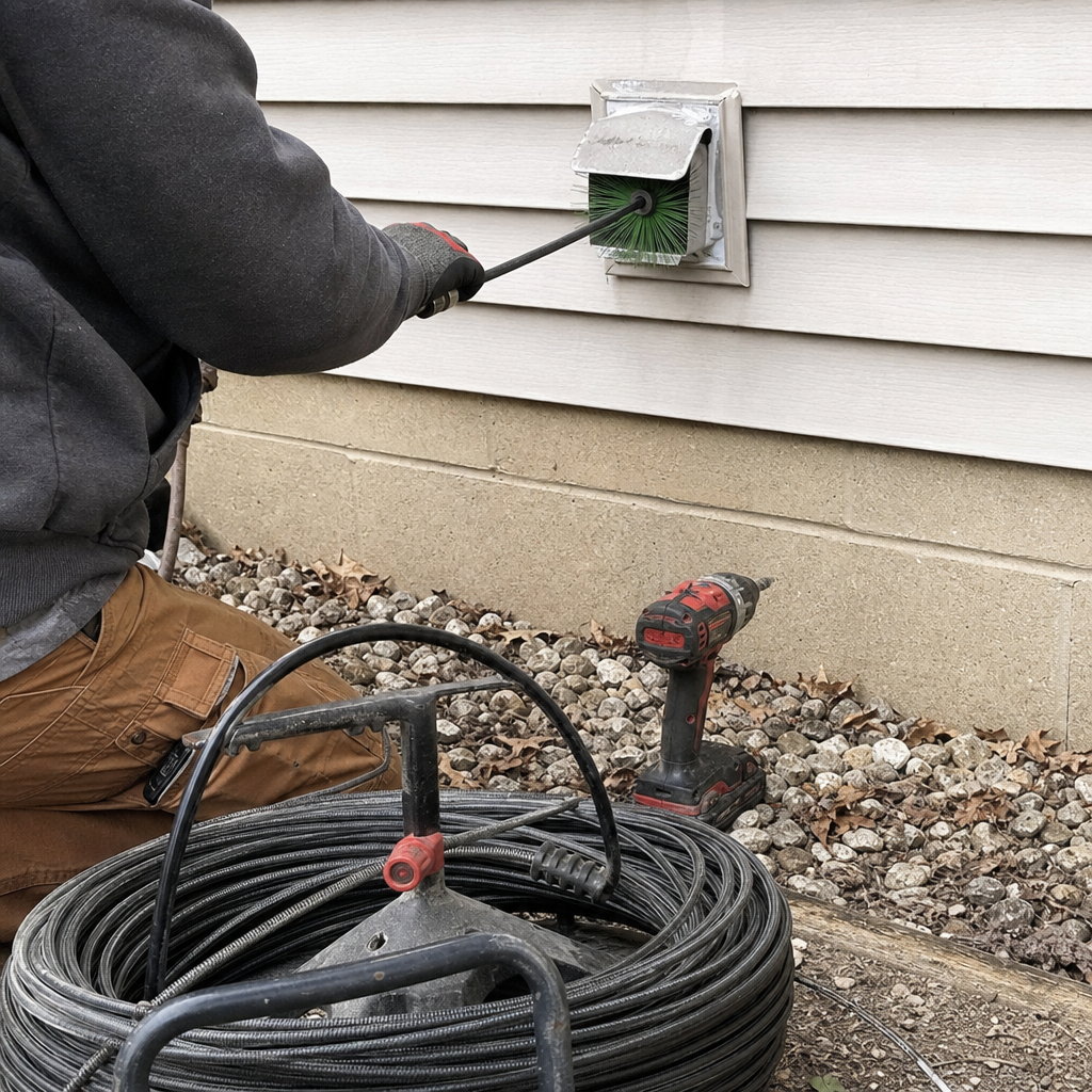 Technician performing professional dryer vent cleaning using a rotary brush tool