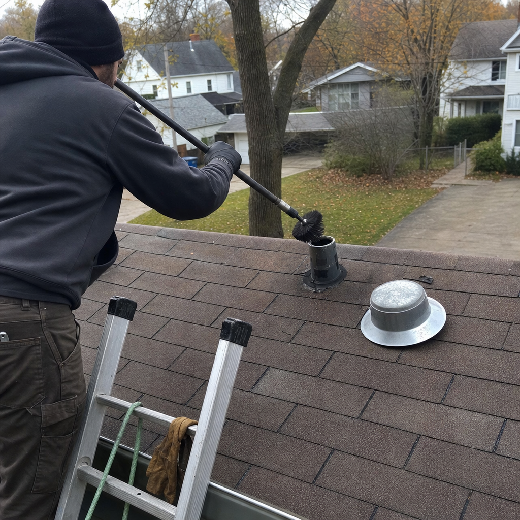 Technician performing professional dryer vent cleaning from the roof
