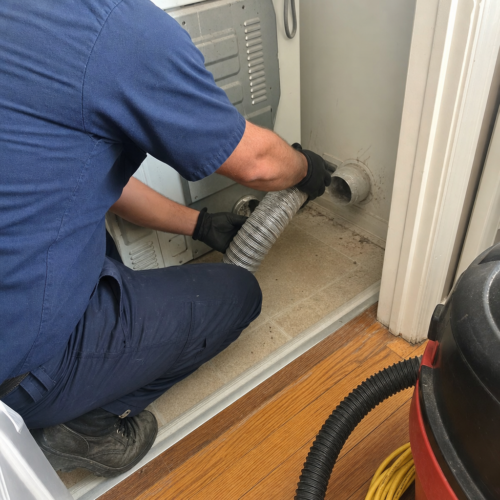 Technician performing professional dryer vent cleaning and maintenance service