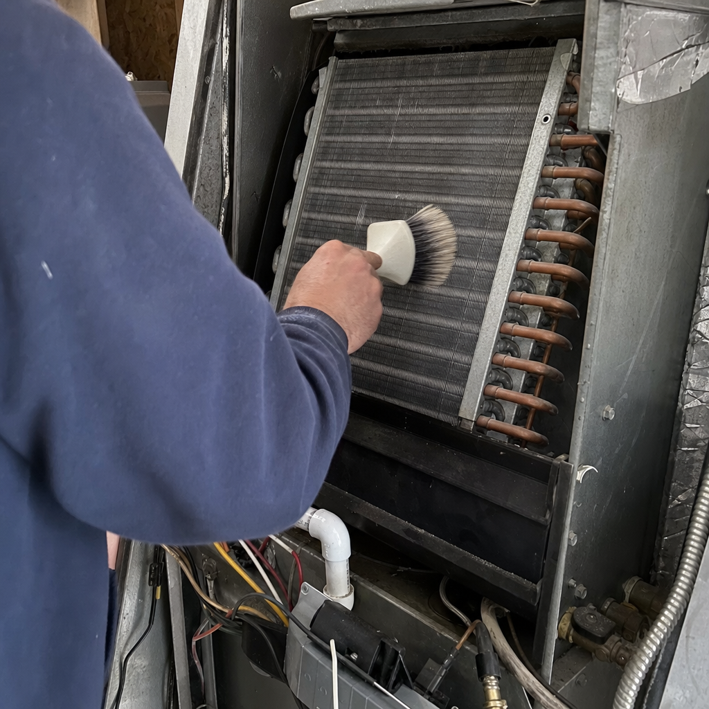 Technician cleaning HVAC evaporator coils with a brush for maintenance