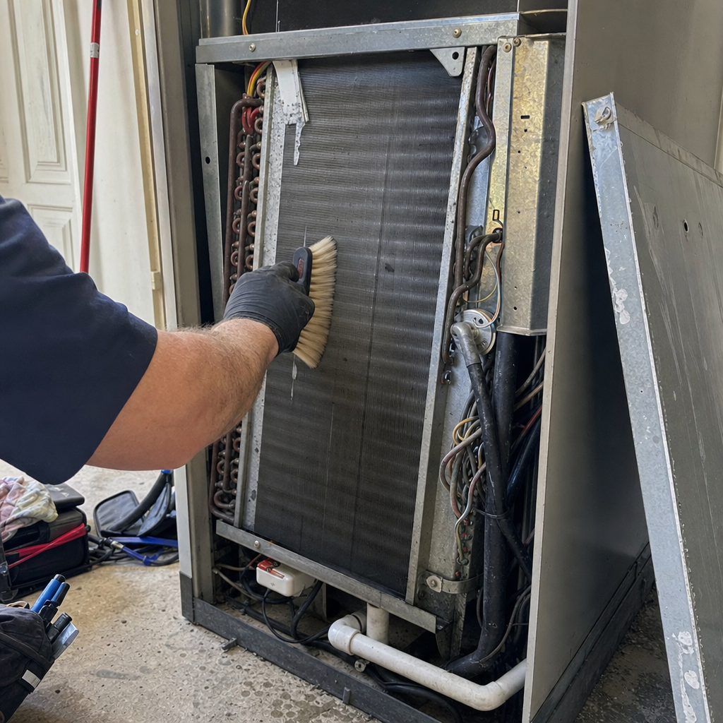 Technician cleaning HVAC evaporator coils with a brush for maintenance