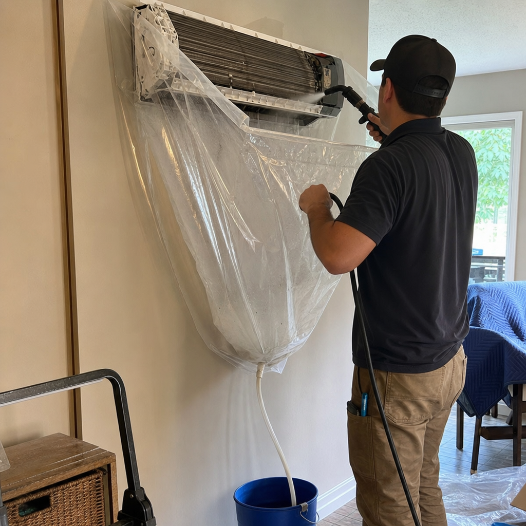 Technician performing professional wall-mounted air conditioning unit HVAC cleaning