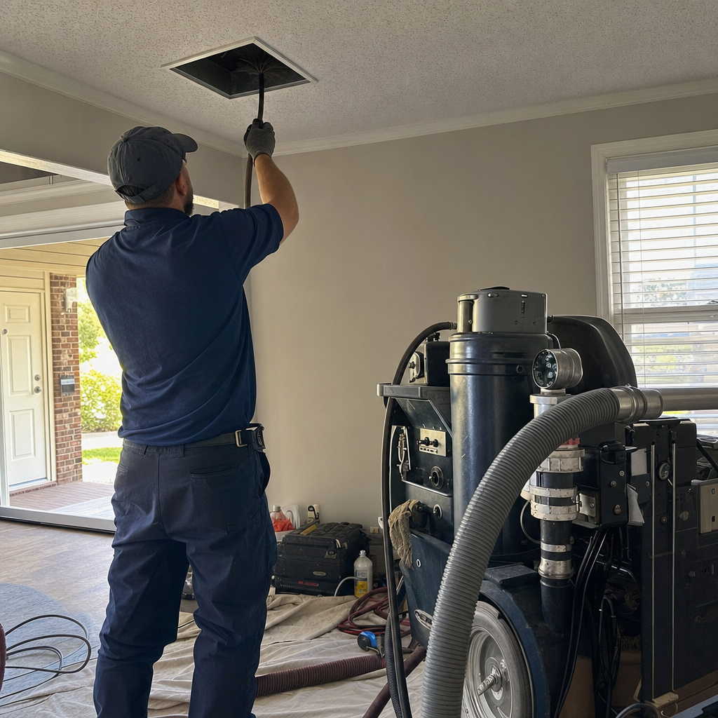 Professional technician performing residential air duct cleaning service with industrial vacuum in Columbus, OH