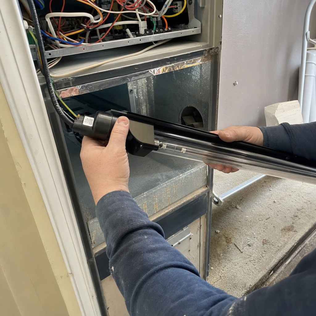 Technician installing a UV air purification lamp in a home HVAC system in Circleville, OH
