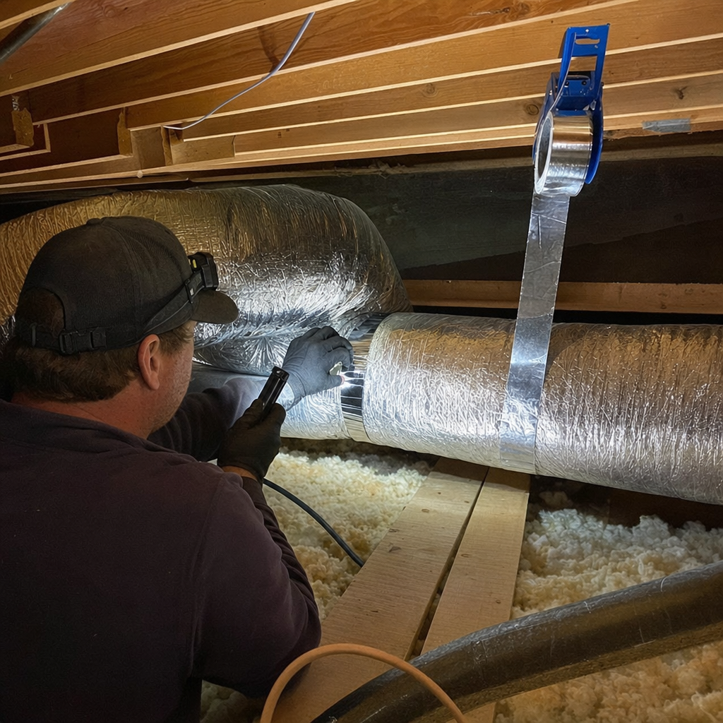 HVAC technician sealing and repairing insulated air ductwork in attic in Columbus, OH