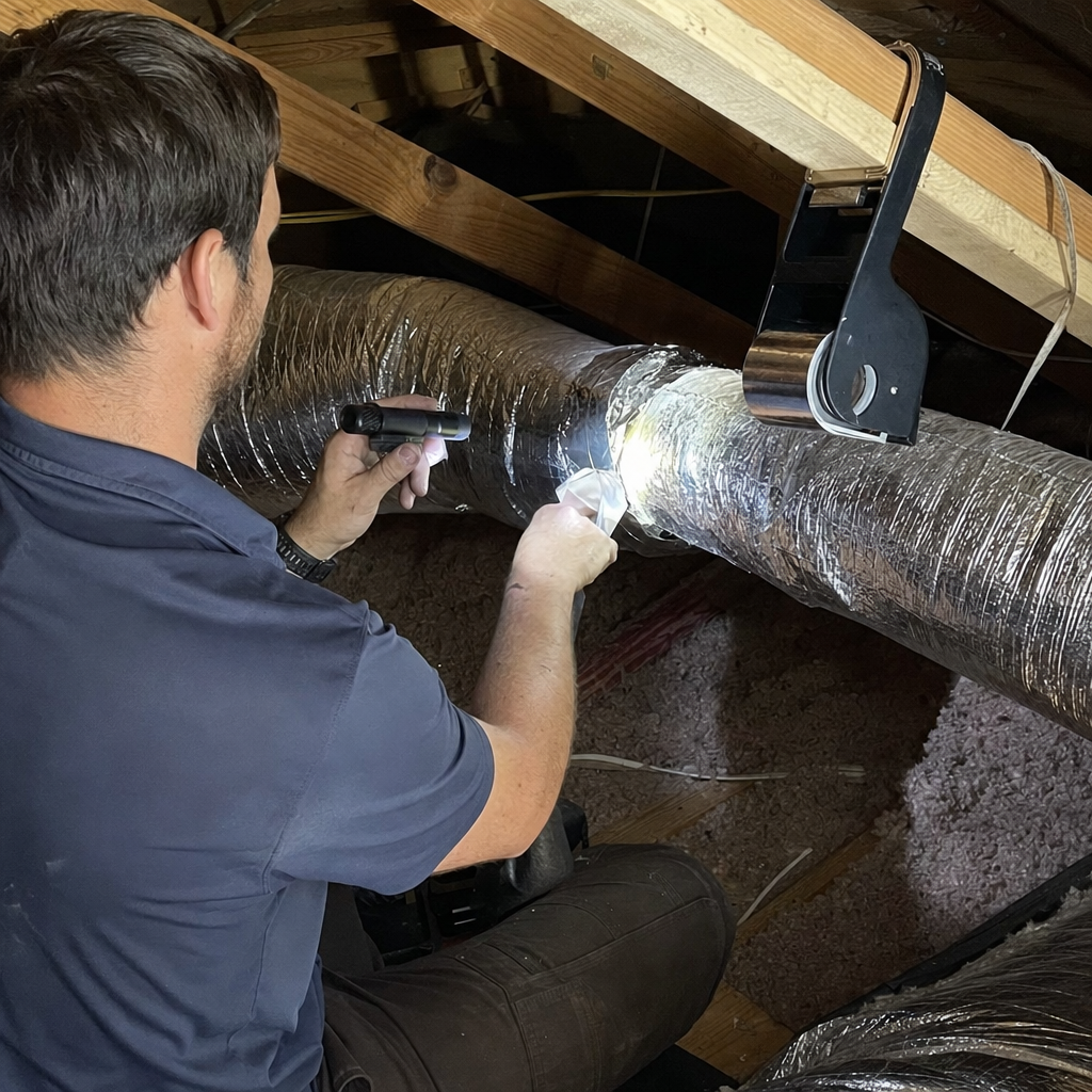 HVAC technician performing professional air duct repair and sealing in attic in Columbus, OH